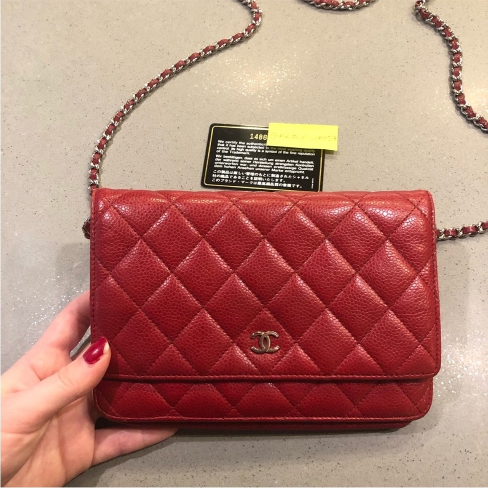 Chanel Classic Wallet On Chain Red Caviar Leather with Silver Hardware WOC